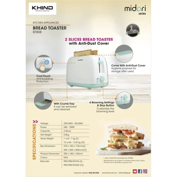 Khind (750W) 2 Slices Bread Toaster with Anti-Dust Cover
